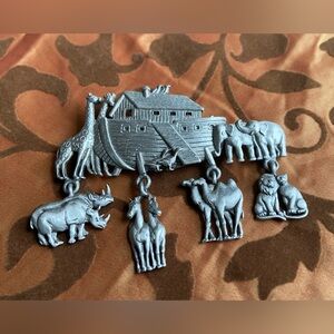 Vintage Jonette Jewelry (J.J.) Pewter Noah’s Ark Broach with Dangling Animals